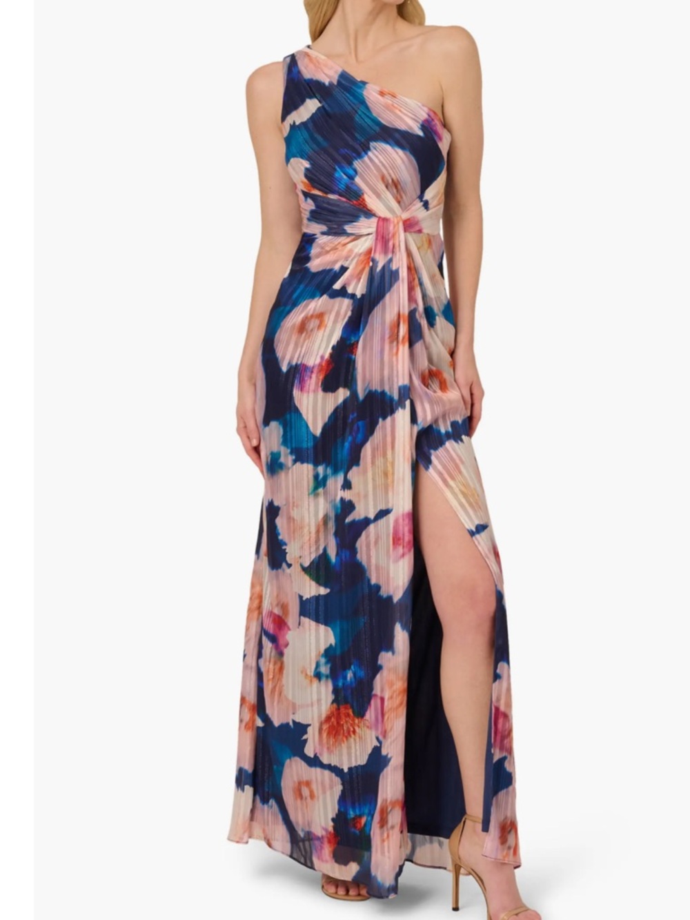 Adrianna Papell One-Shoulder Chiffon Floral Navy Blush Maxi Dress NWT